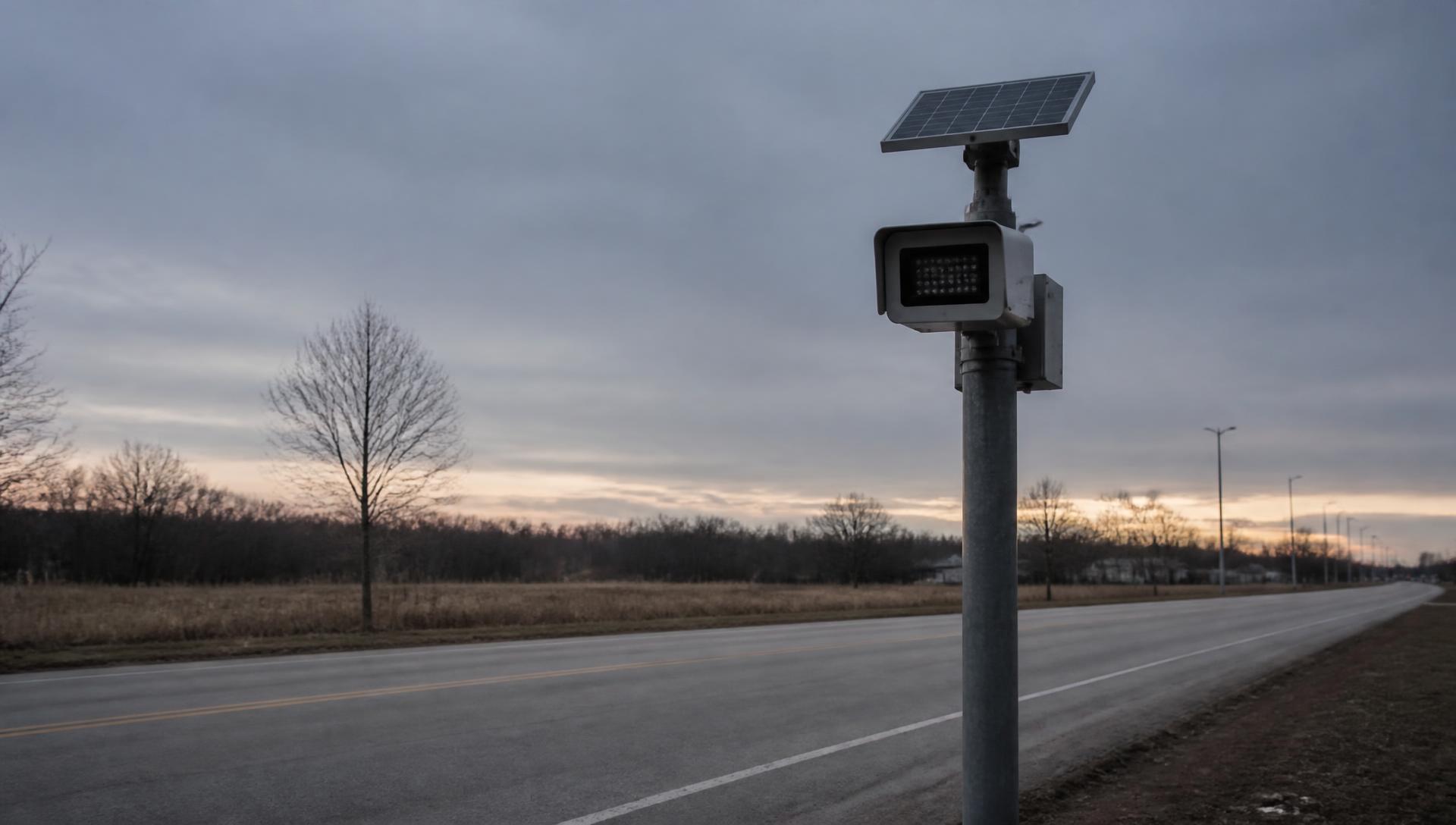 A solar-powered license plate reader camera mounted on a pole beside an empty road at dusk